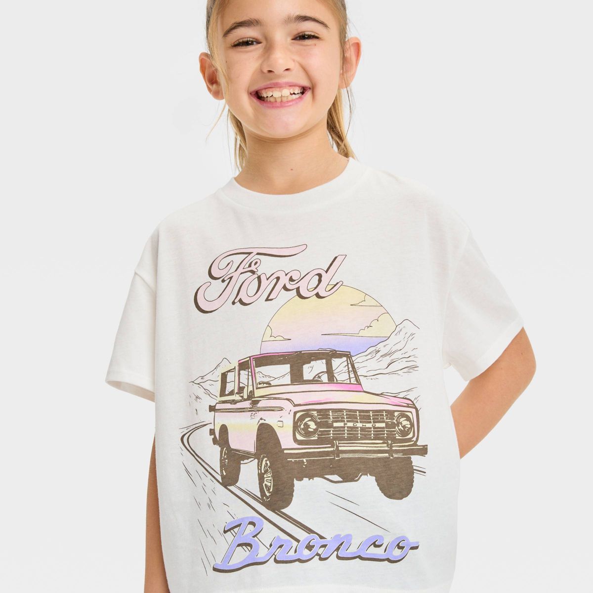 Girls' Ford Bronco Boxy Short Sleeve Cropped Graphic T-Shirt - Ivory | Target
