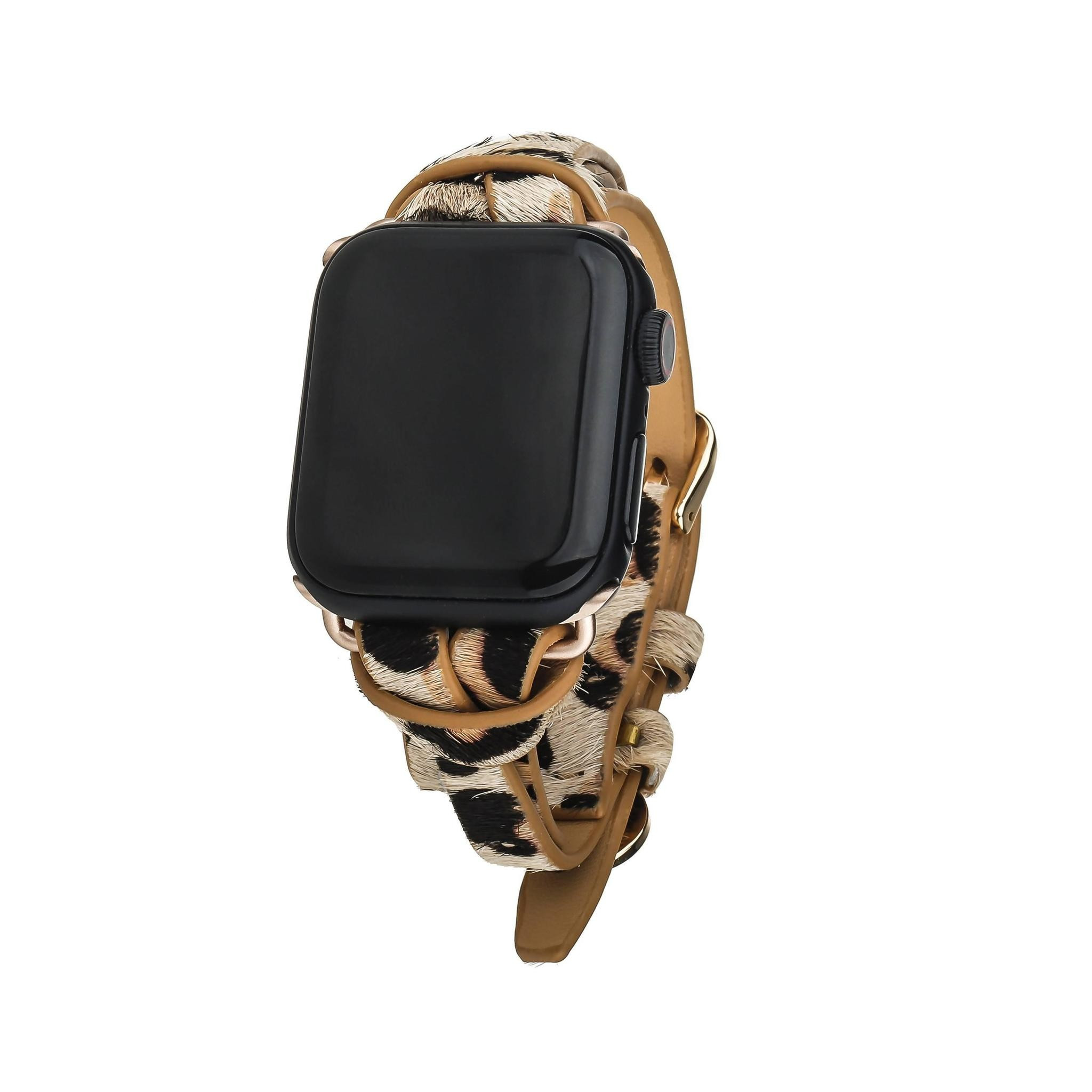 Tan Leopard Animal Print Apple Watch Strap on Gold | Victoria Emerson