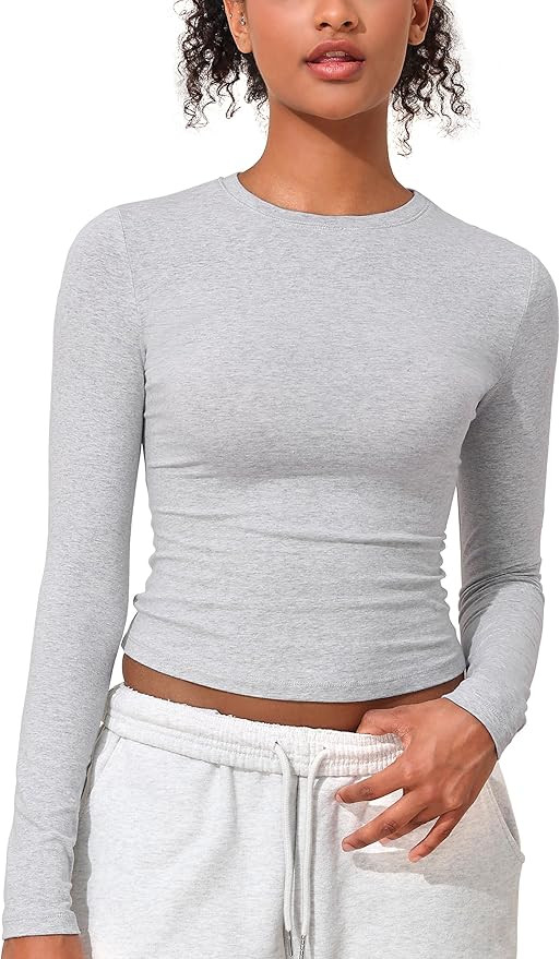 kayamiya Women's Basic Long Sleeve Cotton Shirts Tight Fit Fall Crewneck Trendy Y2K Crop Tops | Amazon (US)