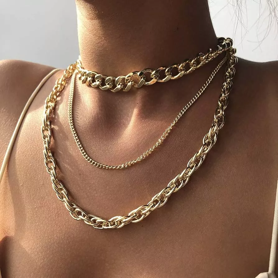 Acedre Chunky Choker Necklace Gold Cuban Link Chain Double O Link Necklaces Punk Hip-hop Jewelry for Women and Girls