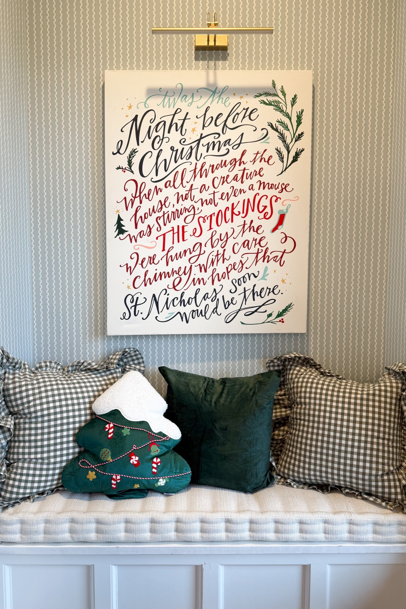 I get asked about this artwork every year! You can customize the size. Also linking my Amazon throw pillows, wallpaper and no-outlet picture light! 

#LTKSeasonal #LTKHoliday #LTKHome