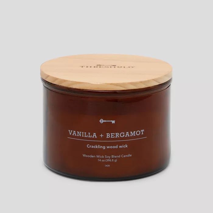 14oz Lidded Glass Jar Crackling Wooden 3-Wick Candle Vanilla & Bergamot - Threshold™ | Target
