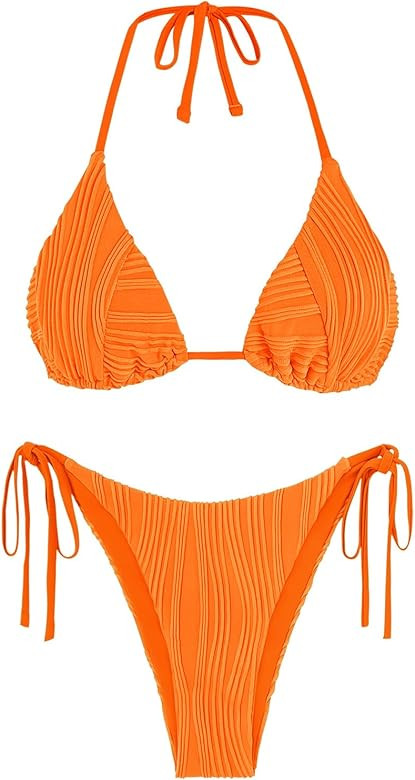 ZAFUL Bikini Sets for Women Halter Two Piece Swimsuit Ribbed High Cut Tie Side Thong Bathing Suit... | Amazon (US)