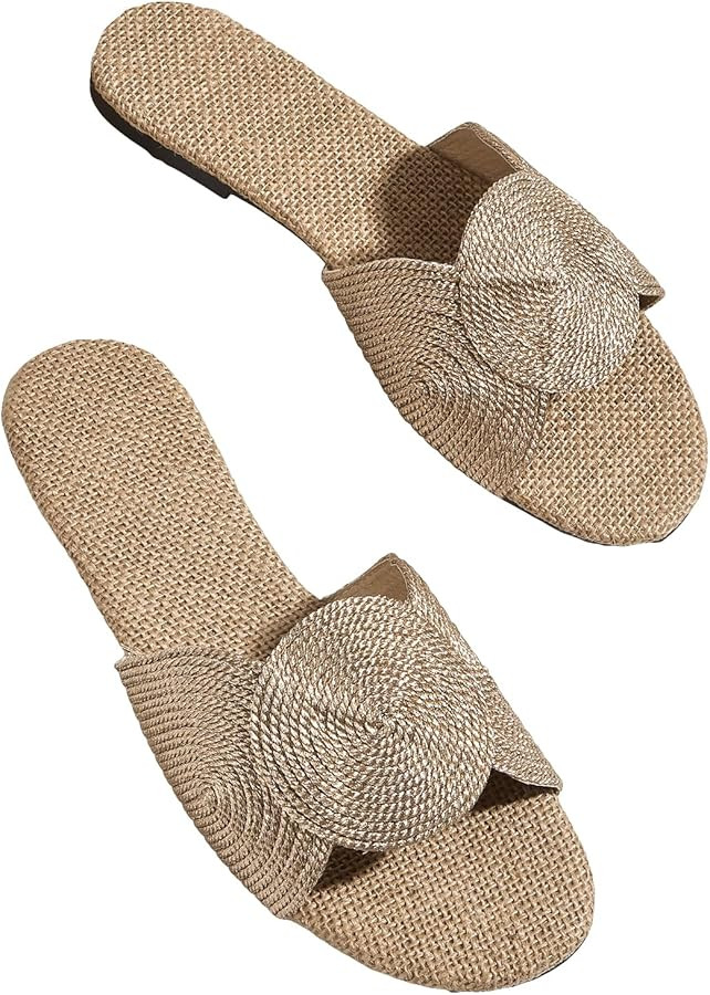 OYOANGLE Women's Round Decor Open Toe Flat Sandals Solid Casual Summer Outdoor Boho Beach Slides | Amazon (US)