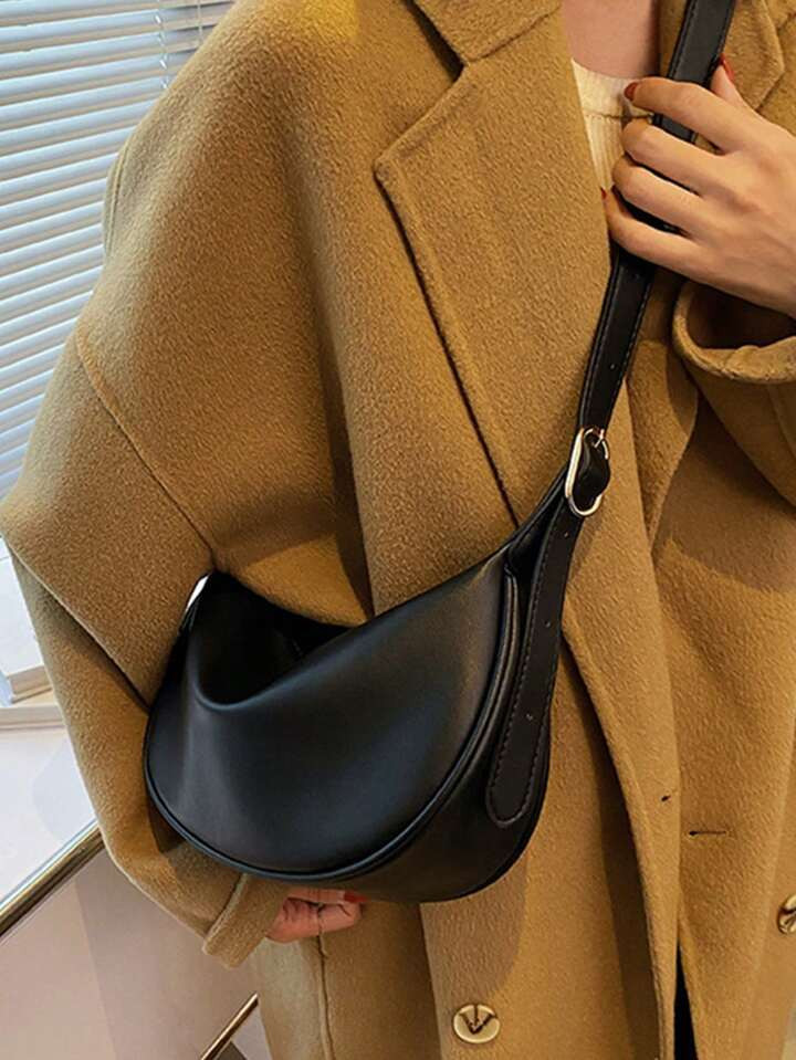 Medium Zipper Hobo Bag Minimalist Black Adjustable Strap | SHEIN