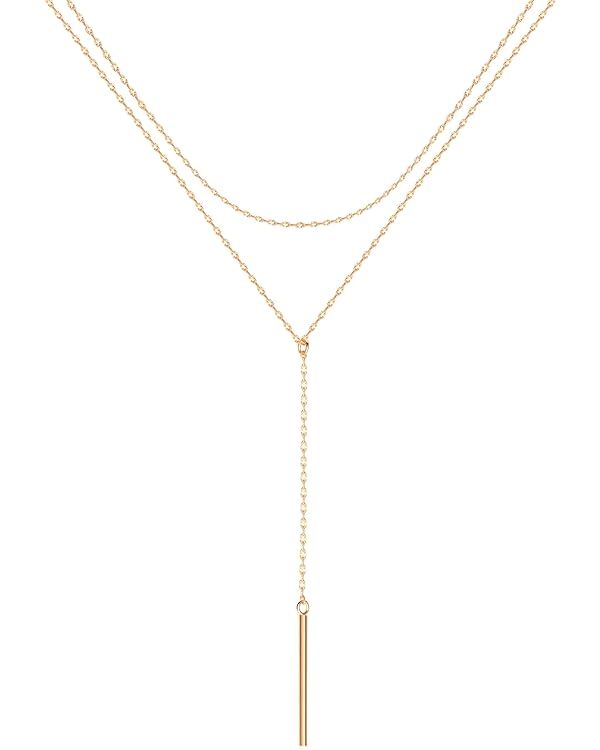 Frisity Bar Y-Necklace for Women | Long Layered 14K Real Gold Pendant Necklaces | Simple Lariat C... | Amazon (US)