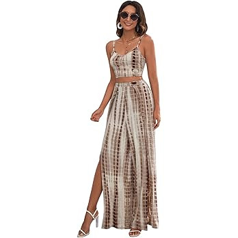 SheIn Women's Two Pieces Outfit Tie Dye Halter Crop Top and Criss Cross Split Thigh Maxi Skirt | Amazon (US)