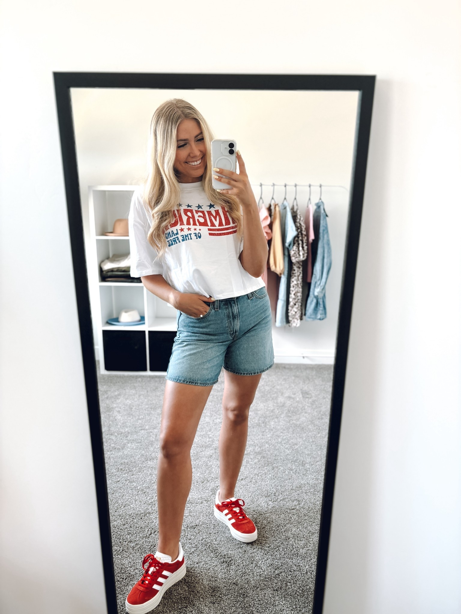 America land of the free tshirt: sized up one to L
Jean Shorts: wearing usual size M
Red Sneakers: true to size 

| summer outfit | Fourth of July outfit | Memorial Day outfit 

#LTKSeasonal #LTKFindsUnder100 #LTKSummerEdit