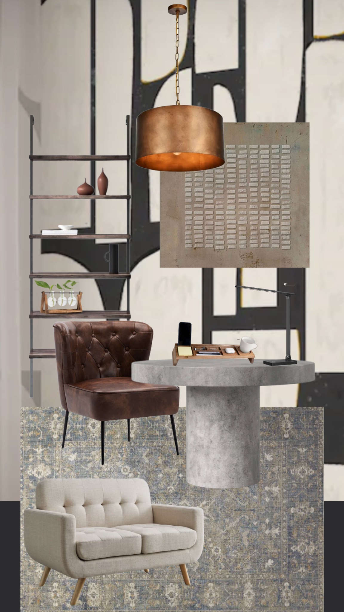 Modern industrial organic modern home office design board. 

#workfromhome #masculineoffice #leatherdeskchair #cementtablt #abstractart #designboard #brasslight

#LTKworkwear #LTKSeasonal #LTKhome
