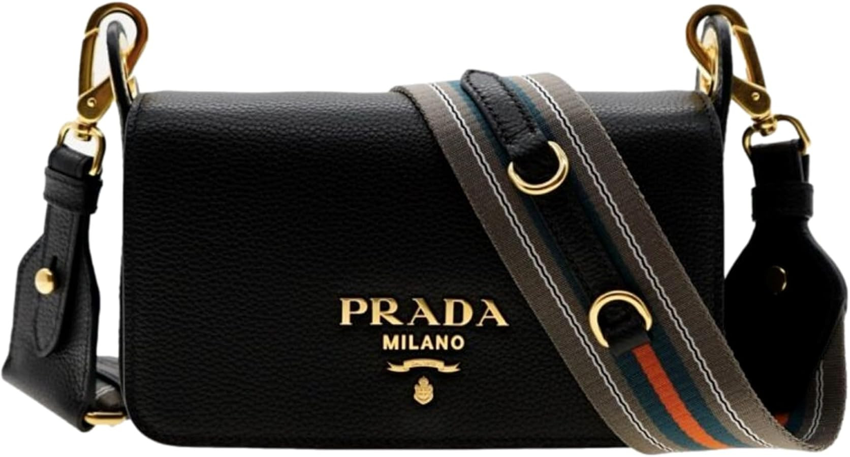 Prada Milano Small Leather Crossbody Bag, Black with Web Strap, 8 x 5 x 2 inches | Amazon (US)