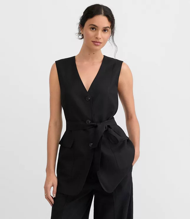 Linen Blend Belted Pocket Vest | LOFT
