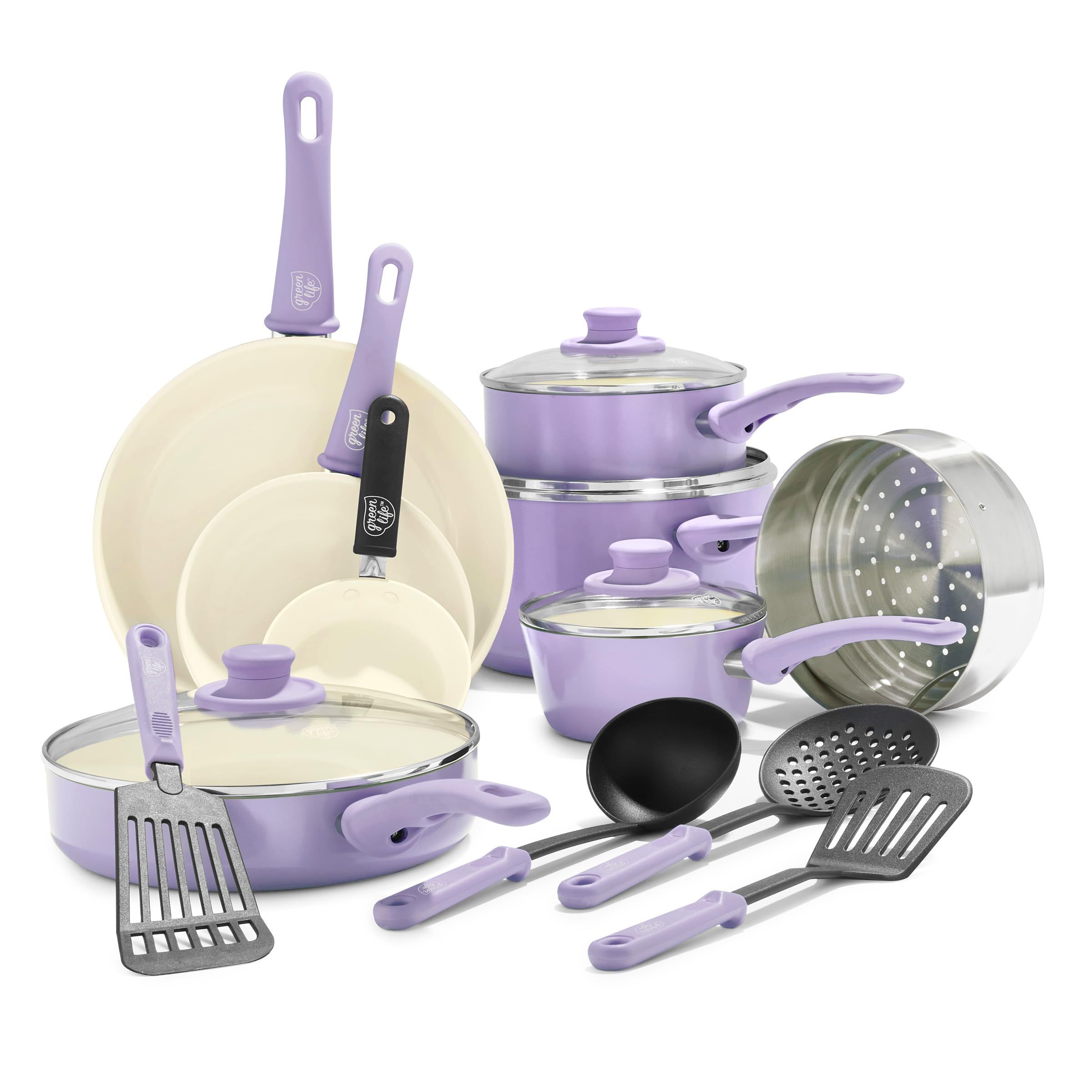 GreenLife Soft Grip Healthy Ceramic Nonstick 16 Piece Kitchen Cookware Pots and Frying Sauce Saute Pans Set, PFAS-Free with Kitchen Utensils and Lid, Dishwasher Safe, Lavender | Amazon (US)