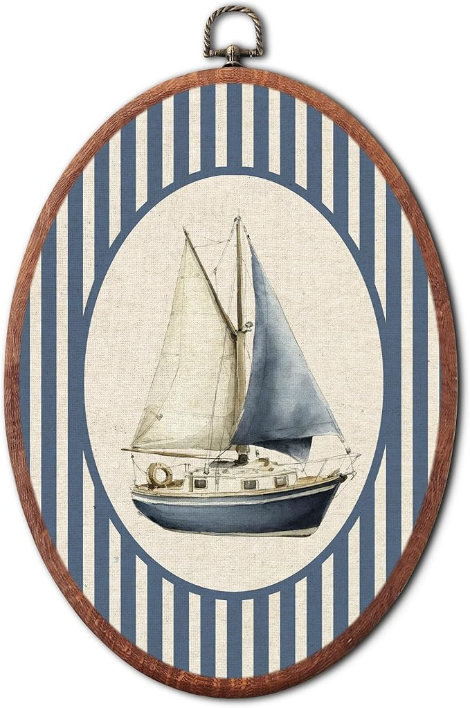 VALTRIXA Vintage Sailboat Nursery Oval Wall Art, Retro Nautical Boat Decor Wall Art Hanging Decor... | Amazon (US)