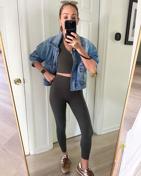 My absolute favorite leggings of all time. I have short legs so these 7/8 are the perfect length. 5’3” and wearing XS. They are perfect if you are dealing with cellulite like me because they keep everything nice and tight. This Jean jacket has also been my favorite as well as the new balance sneakers 

#LTKstyletip #LTKActive #LTKover40