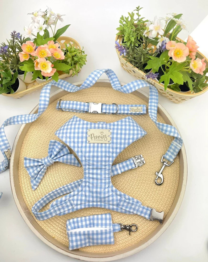 Dog Harness Set in Dog Harness/collar/lead/poo Bag Holder/bow Tie OR Neck Tie/set in Gingham Forg... | Etsy (US)