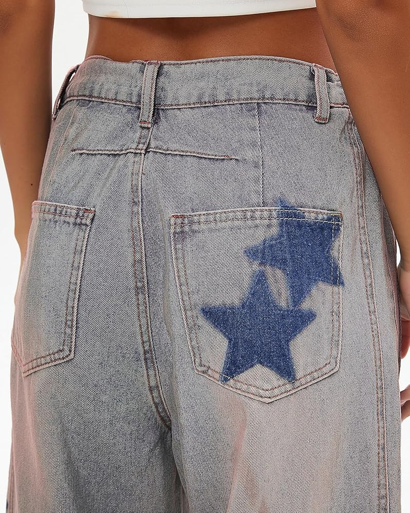 LifeShe Star Barrel Wide Leg Jeans Women Loose Printed Boyfriend Mid Rise Baggy Denim Pants | Amazon (US)