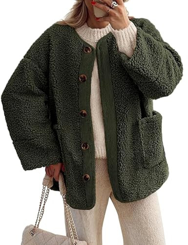 Kissonic Womens Fuzzy Sherpa Fleece Jackets Button Down Long Sleeve Corduroy Patchwork Outwear with Pockets(ArmyGreen-XXL) | Amazon (US)