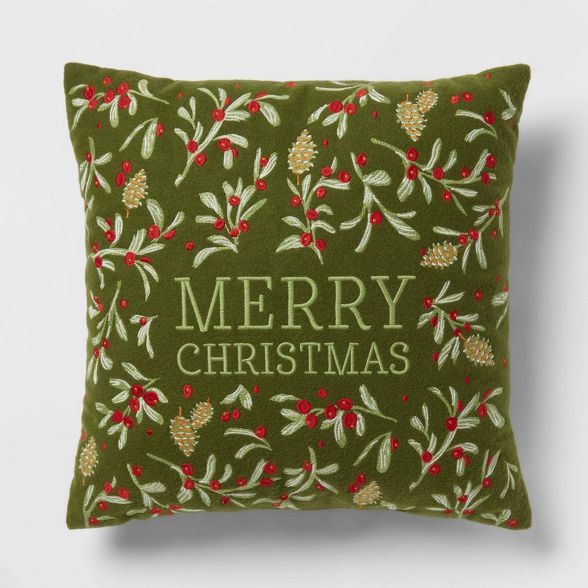 'Merry Christmas' Embroidered Square Throw Pillow Green - Threshold™ | Target