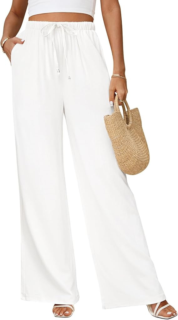 Linen Pants for Women Flowy Palazzo Pants Boho High Waist Wide Leg Trousers Summer Beach Vacation... | Amazon (US)