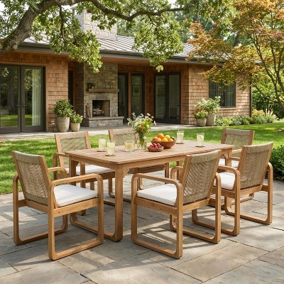 ModernLuxe 7-Piece Outdoor Dining Table Set, 71" Acacia Wood Table with Cushions + 6 Rope Back Dining Chairs, Light Teak Finish | Target