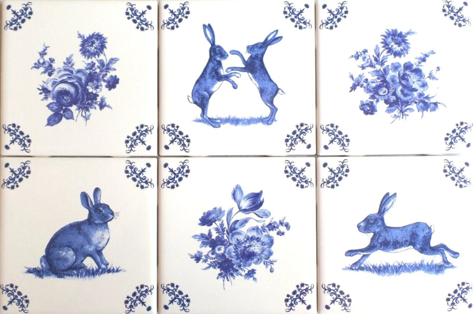 Darker Ceramic Bunnies & Blue Delft Flower Design Ceramic Tile Blue 4.25" X 4.25 Vintage Corners ... | Etsy (US)