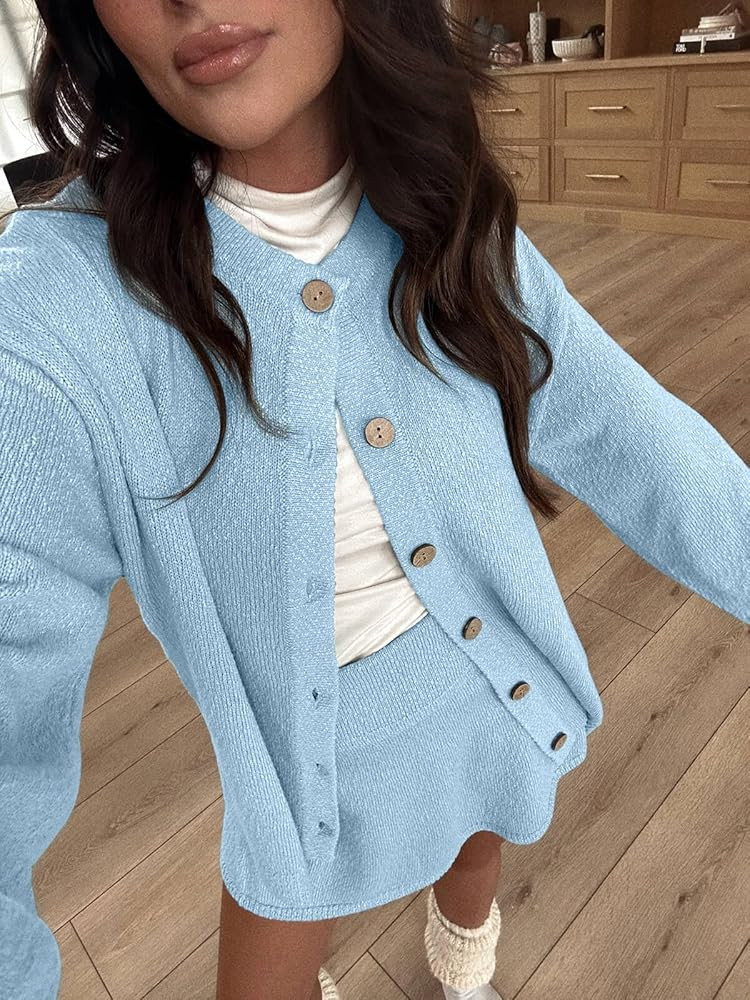 Tankaneo Womens 2 Piece Sweater Skirt Set Casual Long Sleeve Cardigan Outfits Knit Skirts Matchin... | Amazon (US)