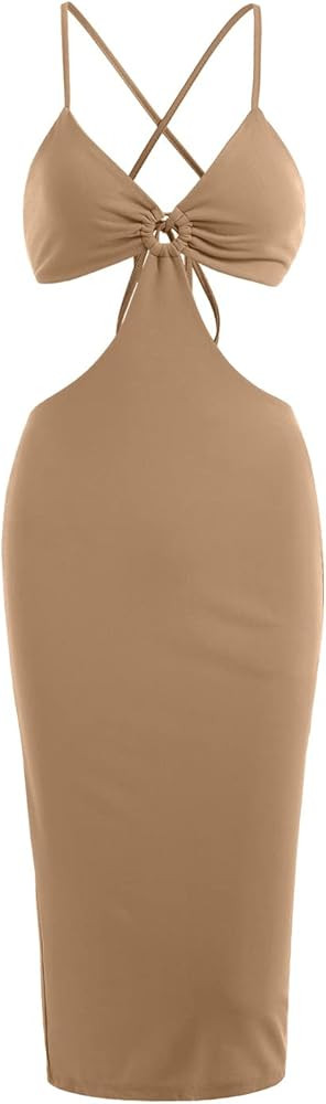 Amazon.com: ZAFUL Women's Summer Dress Spaghetti Strap Criss Cross Cut Out O-Ring Slit Slinky Dre... | Amazon (US)