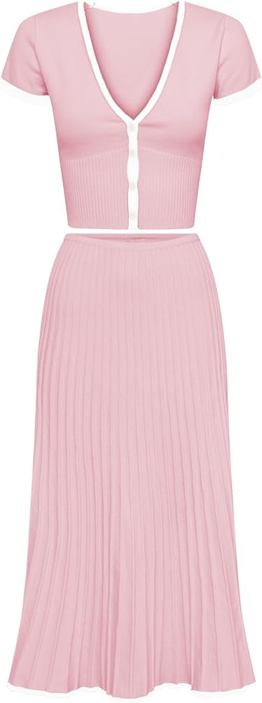 Tanming Women's Two Piece Skirt Set Casual Short Sleeve Crop Top Ribbed Knit Midi Pleated Skirt | Amazon (US)