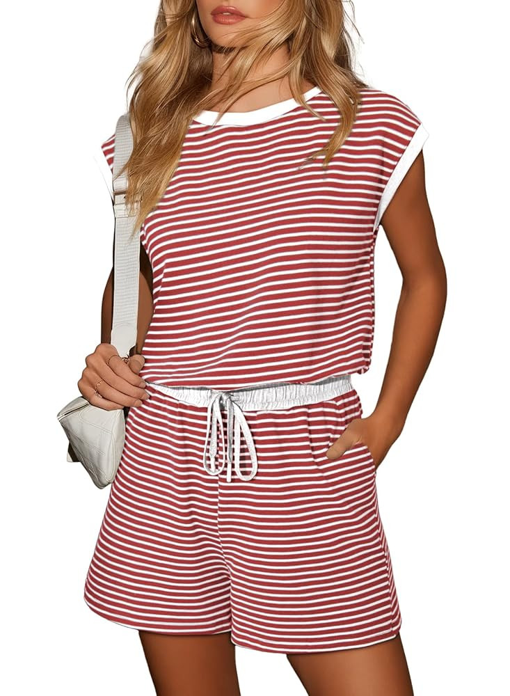 Dokotoo Women's Summer Casual Rompers Striped Shorts Overalls Adjustable Drawstring Waist Jumpsui... | Amazon (US)