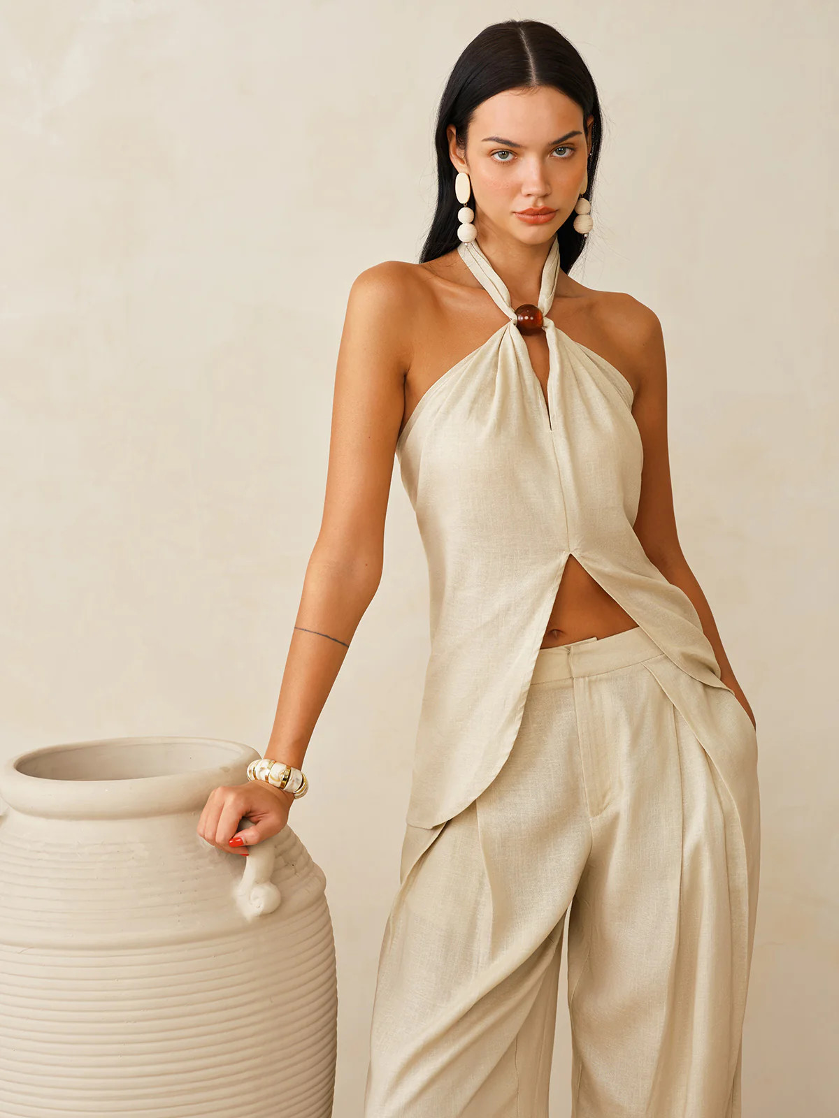 Linen-Blend Halter Top & Pants Set | Commense