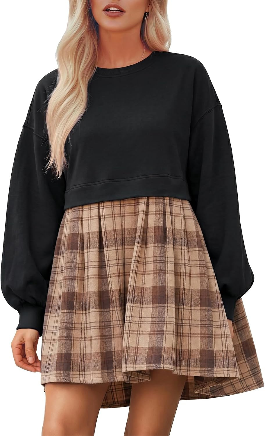 BLENCOT Womens Fall Dresses Plaid Patchwork Babydoll Long Sleeve Dress | Amazon (US)