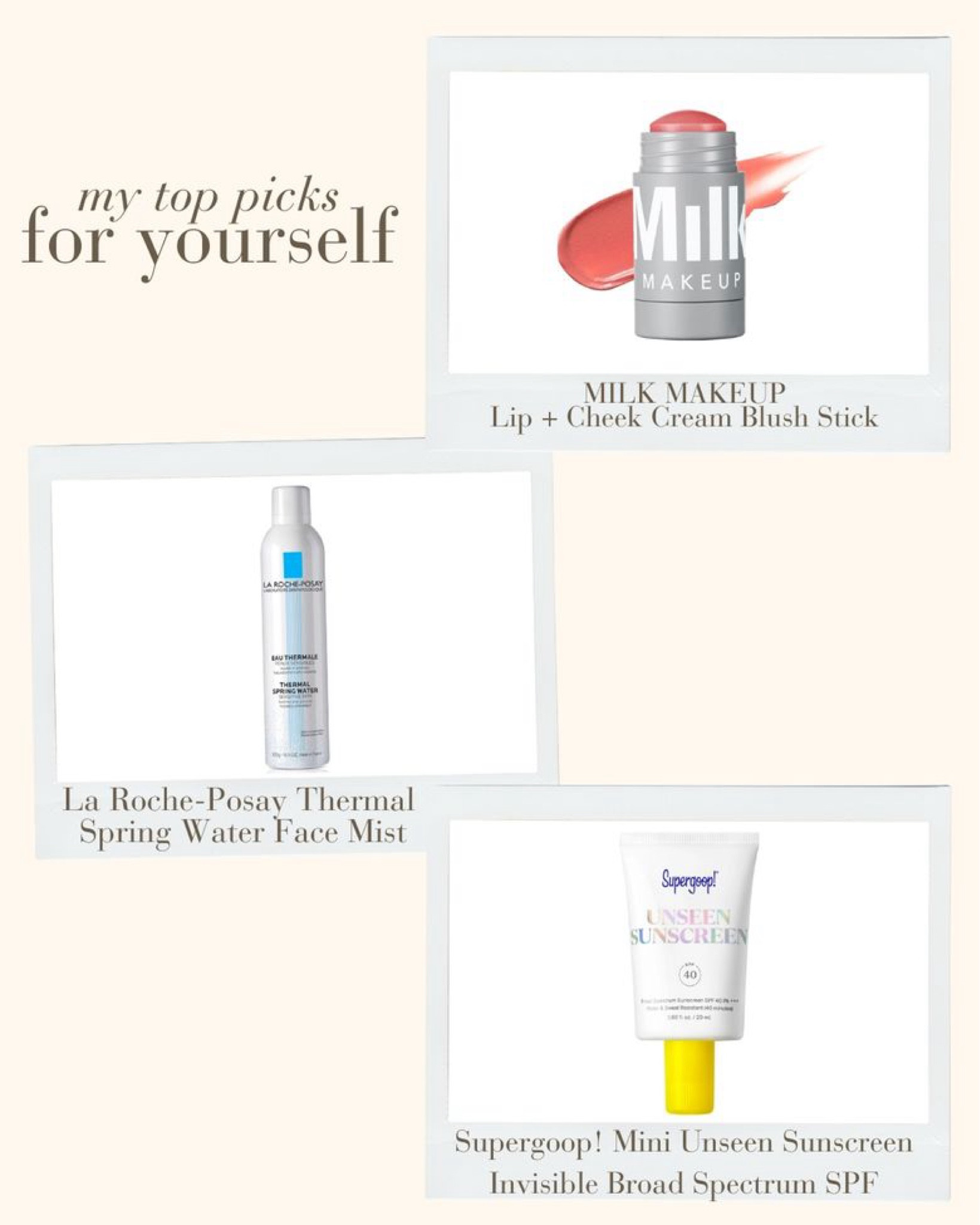 Beauty loves, skin care, clean blush, cream, blush stick MILK beauty, la Roche face mist water spray, Supergoop, sunscreen, SPF

#LTKFindsUnder50 #LTKBeauty