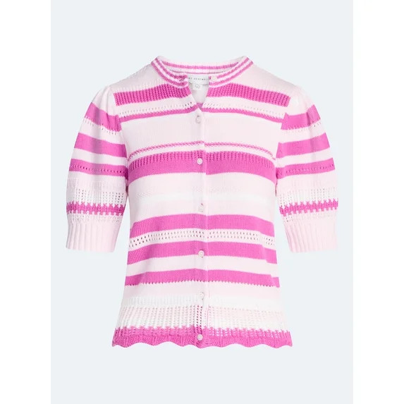 Free Assembly Women's Textured Stripe Cardigan Sweater with Short Puff Sleeves, Lightweight, Size... | Walmart (US)