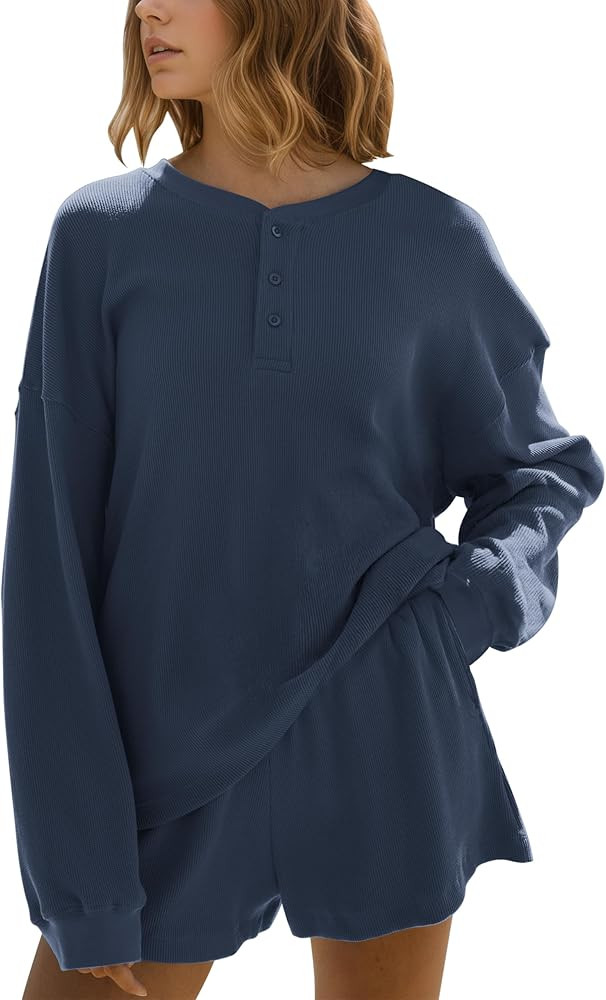 MISSACTIVER Waffle Knit Lounge Sets for Women Long Sleeve Oversized Sweatshirt Elastic Waist Shor... | Amazon (US)