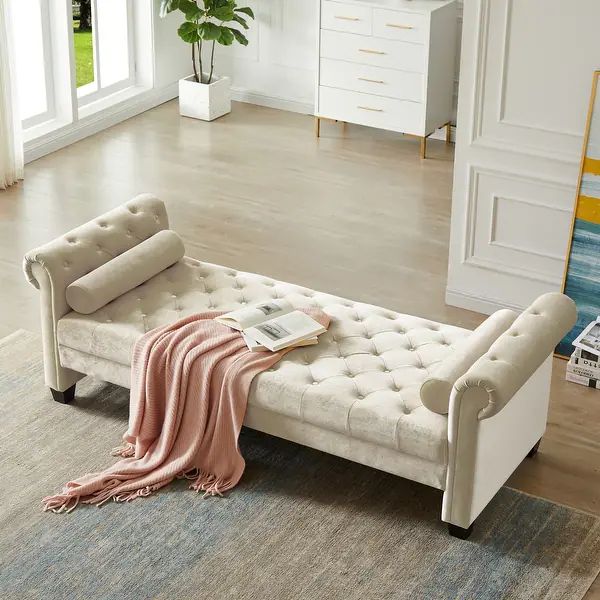 Rectangular Large Sofa Stool Padded Seat Tufted Button Cushions and Rolled Armrests Bench with Pi... | Bed Bath & Beyond