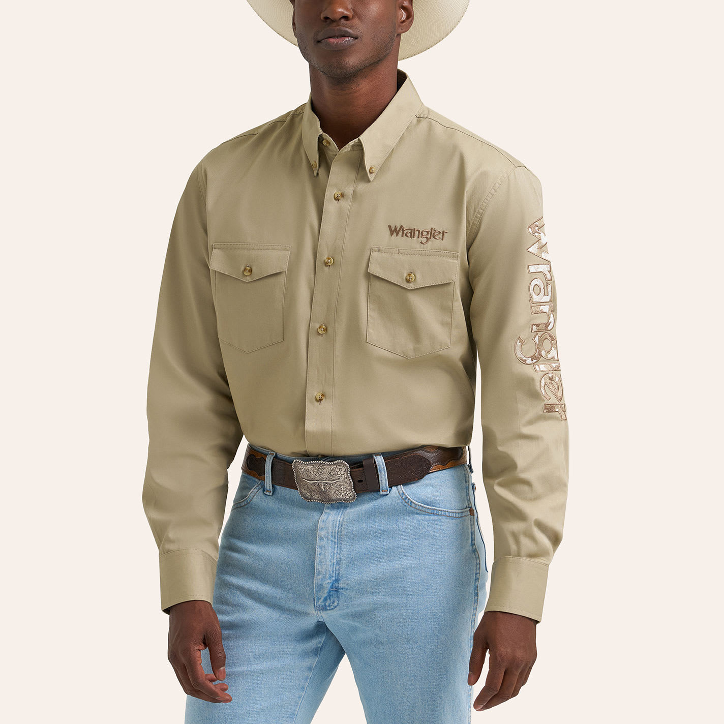 Wrangler Men's Khaki Logo Embroidered Long Sleeve Western Shirt - XXL - From Cavender's | Cavender's