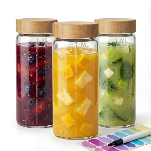 HomArtist 16oz Round Glass Juice Bottles with Lids, 3 Pack Reusable Juice Containers with Bamboo Lids, Glass Juicing jars for Drinking Tea, Kombucha, Smoothie, Milk | Amazon (US)