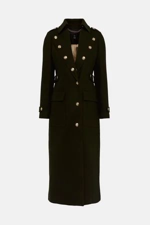 Italian Virgin Wool Military Button Midi Coat | Karen Millen UK & IE