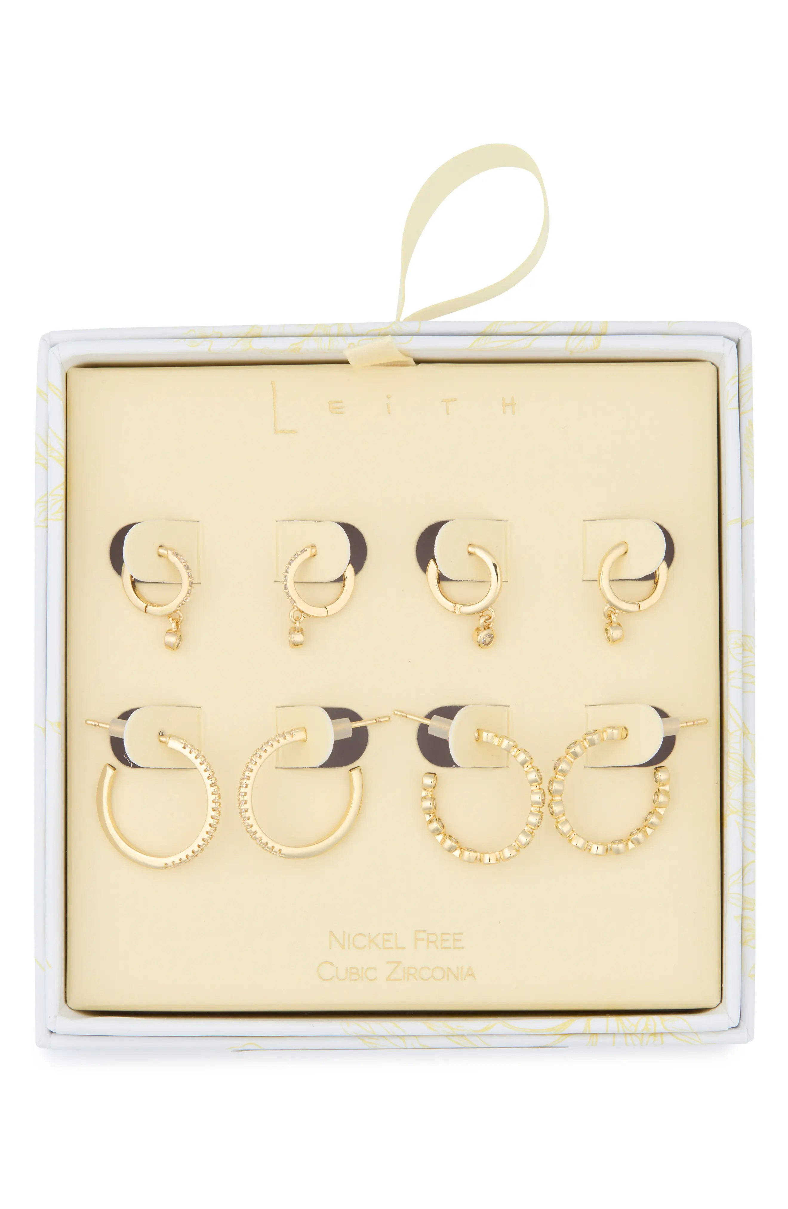 Leith 4-Pair Cubic Zirconia Huggie & Hoop Earrings Set in Clear- Gold at Nordstrom Rack | Nordstrom Rack