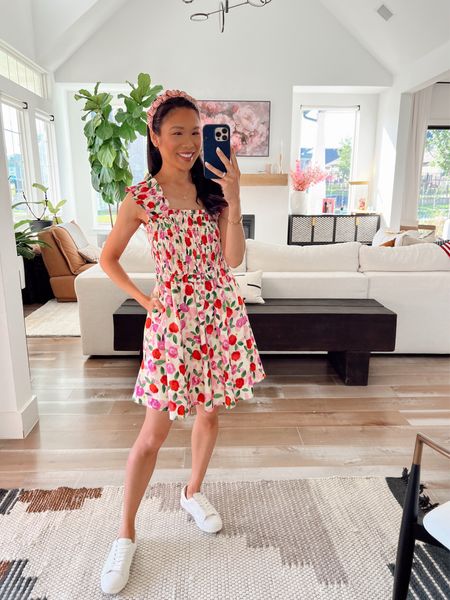 Summer outfit with mini floral dress with wide ruffle straps, pockets and wearing size XS. On sale for 20% off! Paired it with leather sneakers that are very comfy and fit TTS! Would look pretty with sandals, too. Accessorized with peony headband that is handcrafted from lush silk satin 

#LTKStyleTip #LTKSeasonal