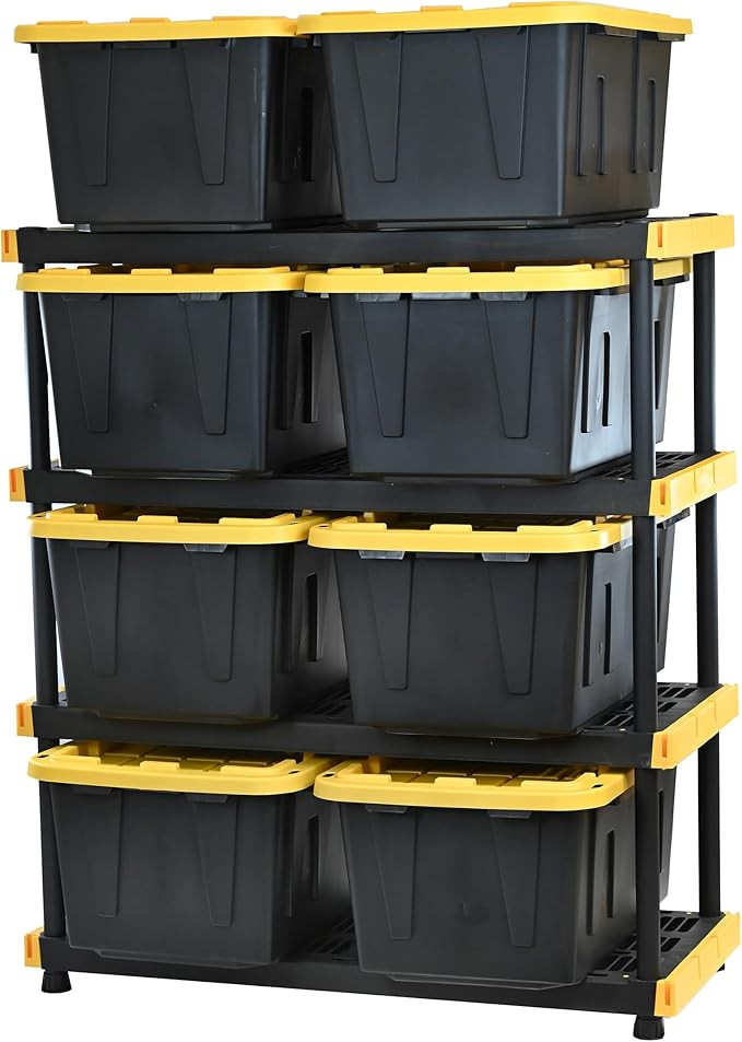 CX Black & Yellow 4-Tier Heavy Duty Storage Shelves and 8 Heavy Duty Storage Bins with Lids, 4 Sh... | Amazon (US)