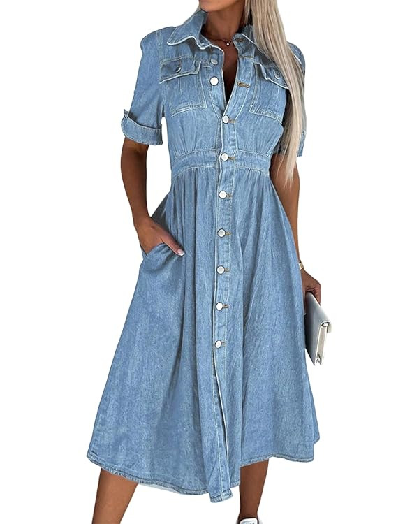 Women Denim Shirt Dress V Neck Short Sleeve Long Bottom Down A-Line Jeans Dresses with Pockets | Amazon (US)