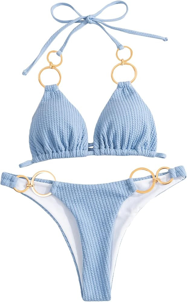 WDIRARA Women's Ring Halter Bikini Swimsuit 2 Piece Tie Back Bathing Suit | Amazon (US)