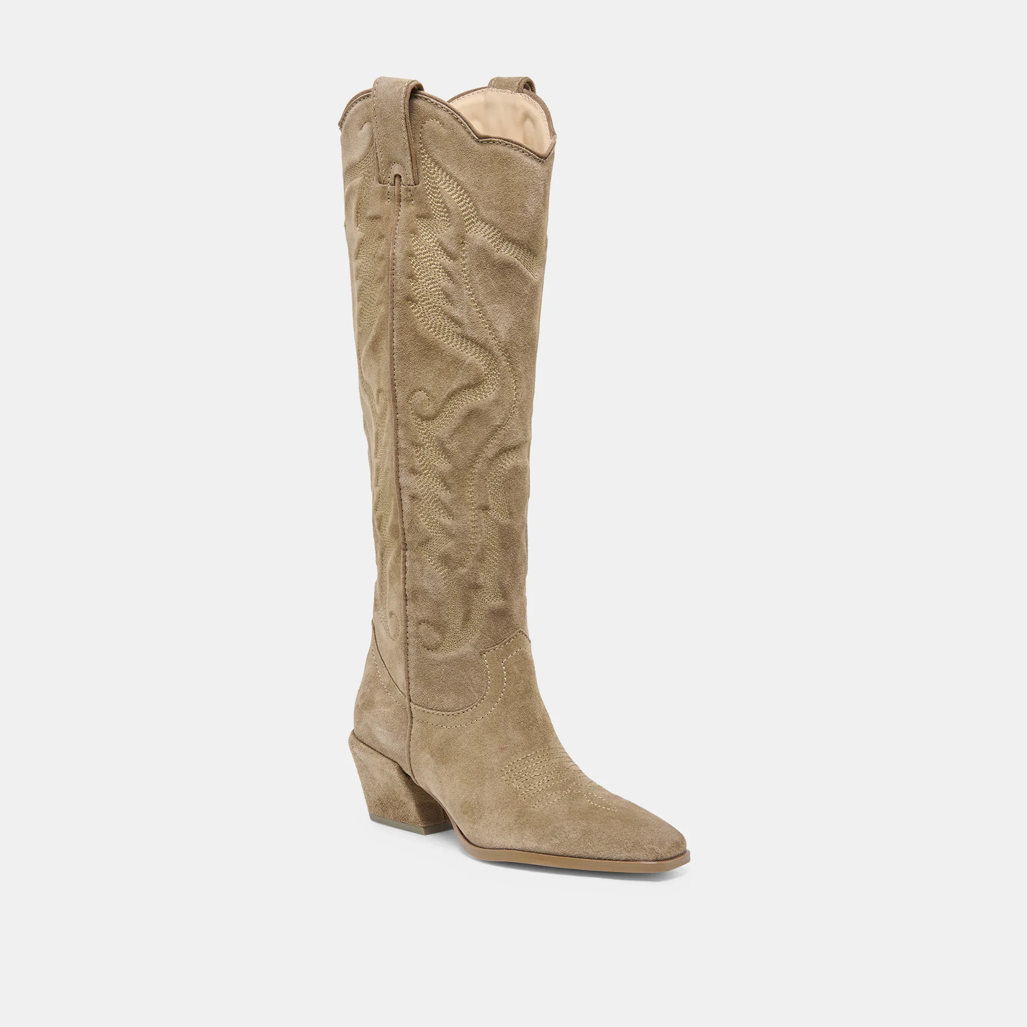 LUNI Taupe Suede Knee-High Pointed Toe Western Boots | Dolce Vita | DolceVita.com