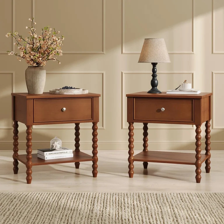Merluxy Solid Wood Nightstand Set of 2 with Turned Legs, Vintage Wide Bedside Table with Drawer, ... | Walmart (US)