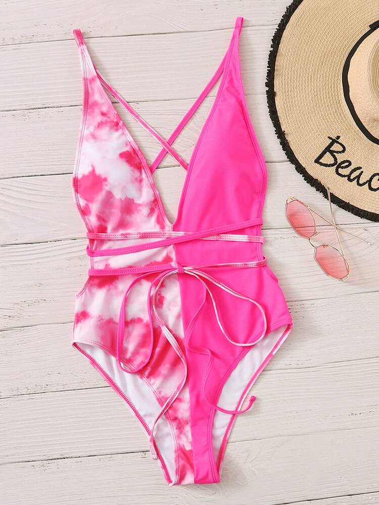 Tie Dye Plunging One Piece Swimsuit | SHEIN