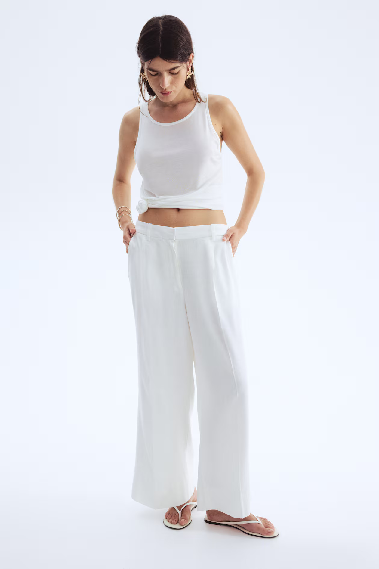 Wide-Leg Linen-Blend Pants - White - Ladies | H&M US | H&M (US + CA)