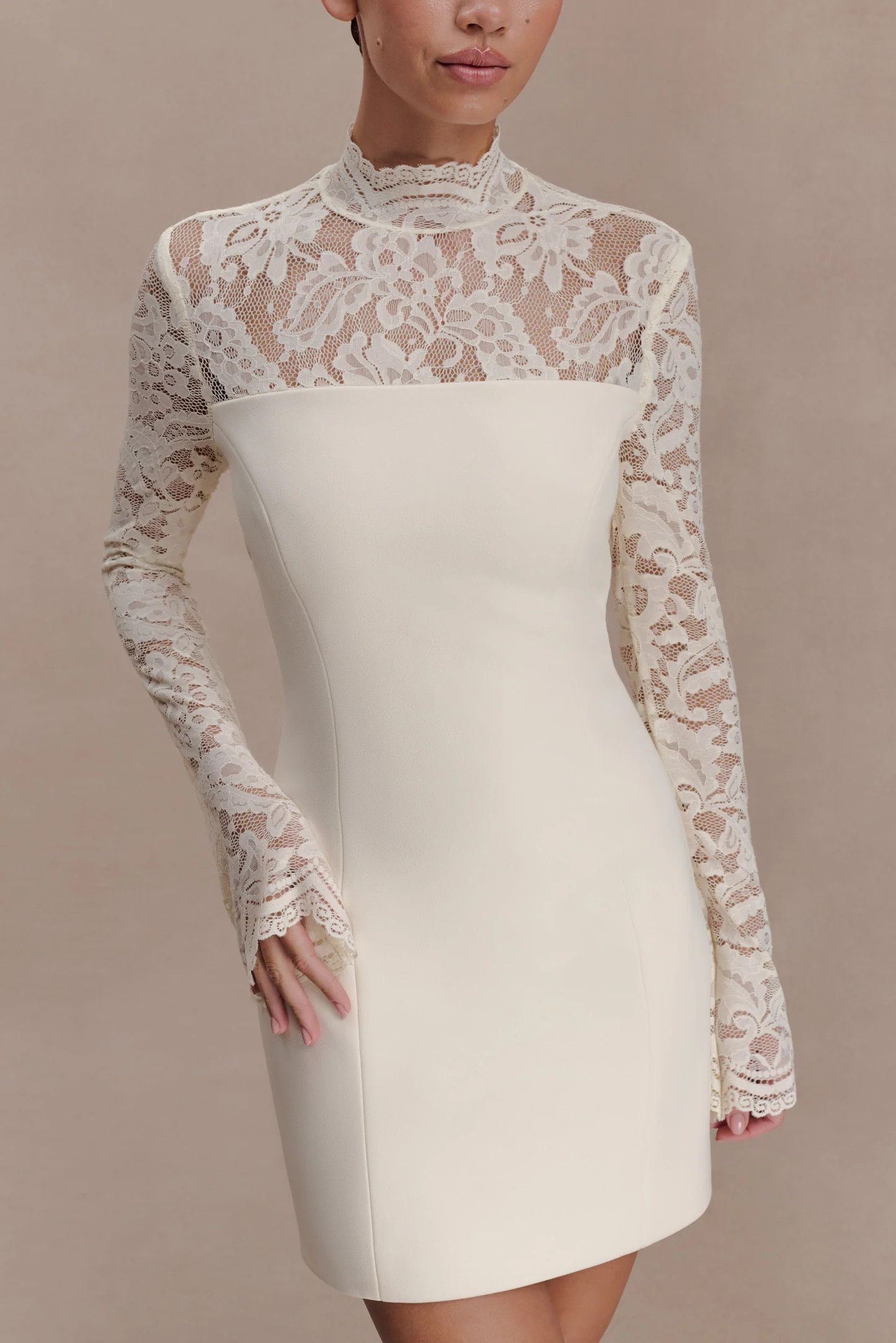 Aurelie Long Sleeve Lace Mini Dress - Ivory | MESHKI US
