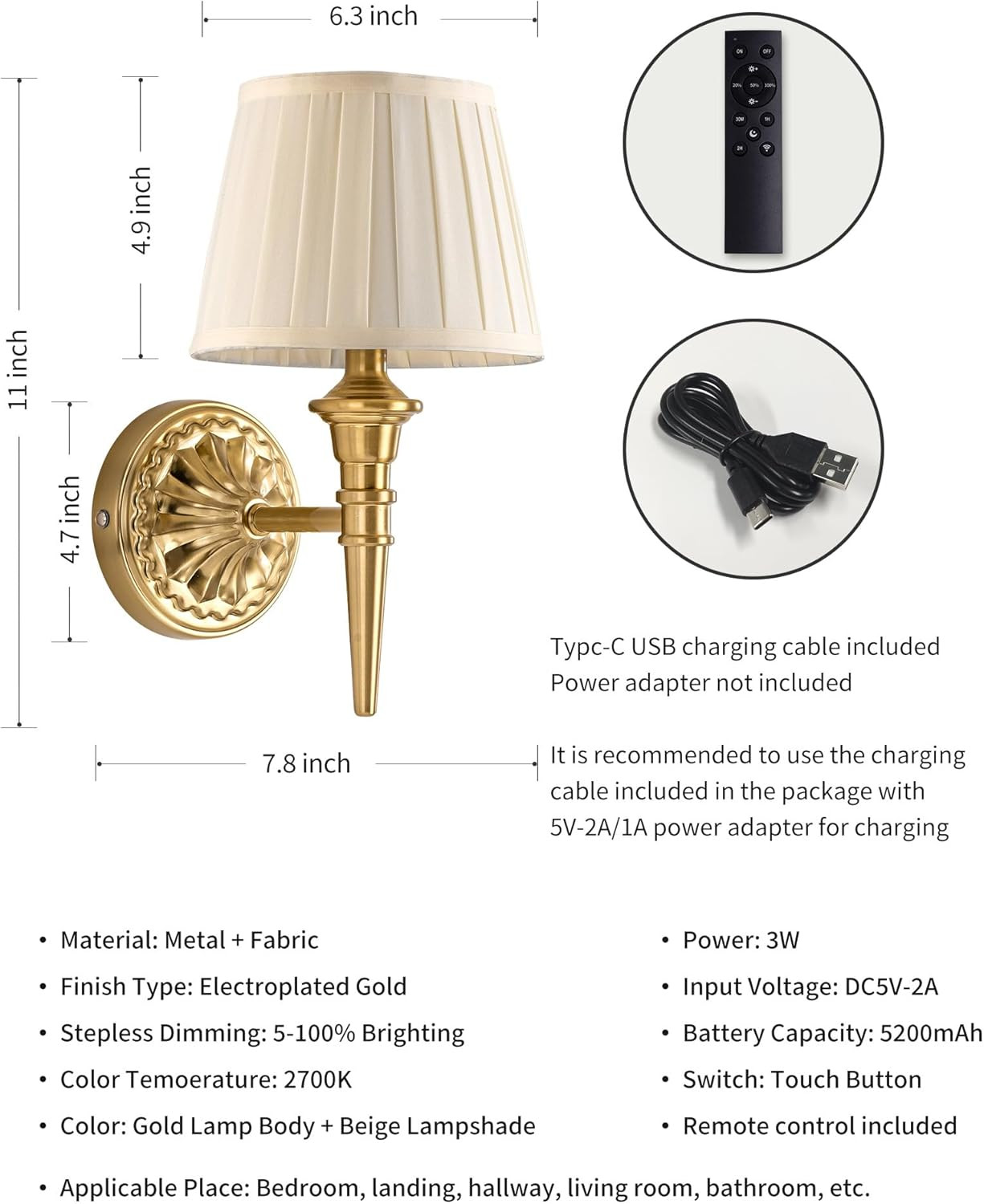 KDG Cordless Wall Sconces Set of 2, Small Wireless 5200mAh Rechargeable Battery Fabric LED Wall L... | Amazon (US)