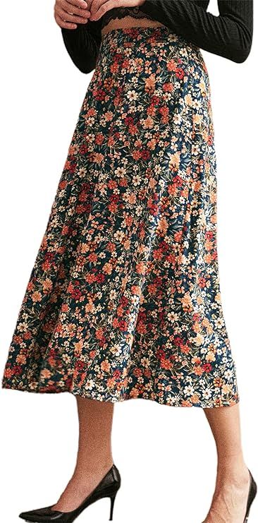 Milumia Women's Vintage Printed A Line High Waist Flare Flowy Casual Midi Skirts | Amazon (US)